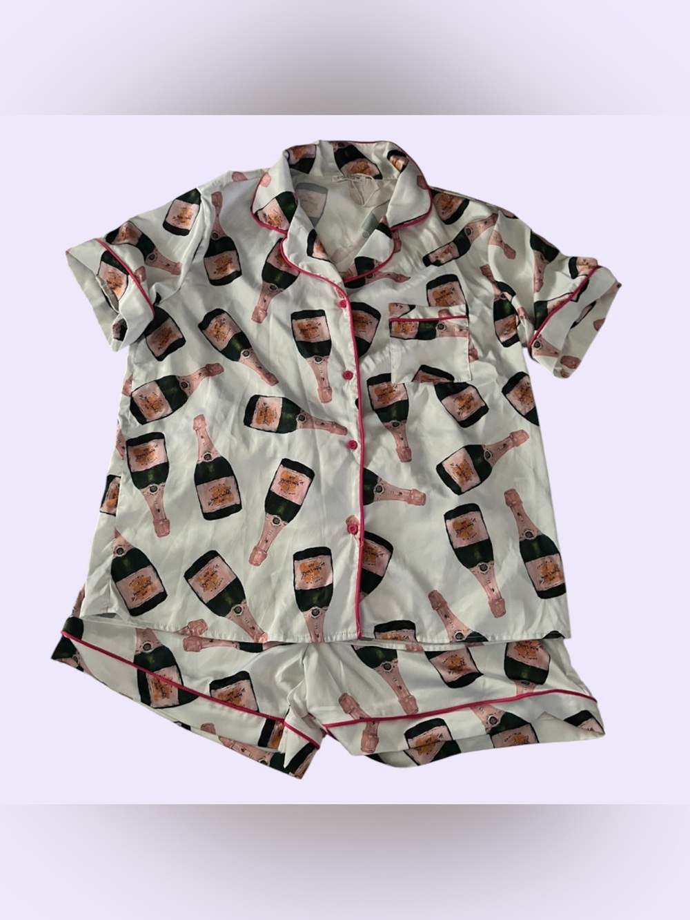 SHESHOW SIZE L Champagne Bottle Print Pajama Set White Satin Shorts NEW NWOT